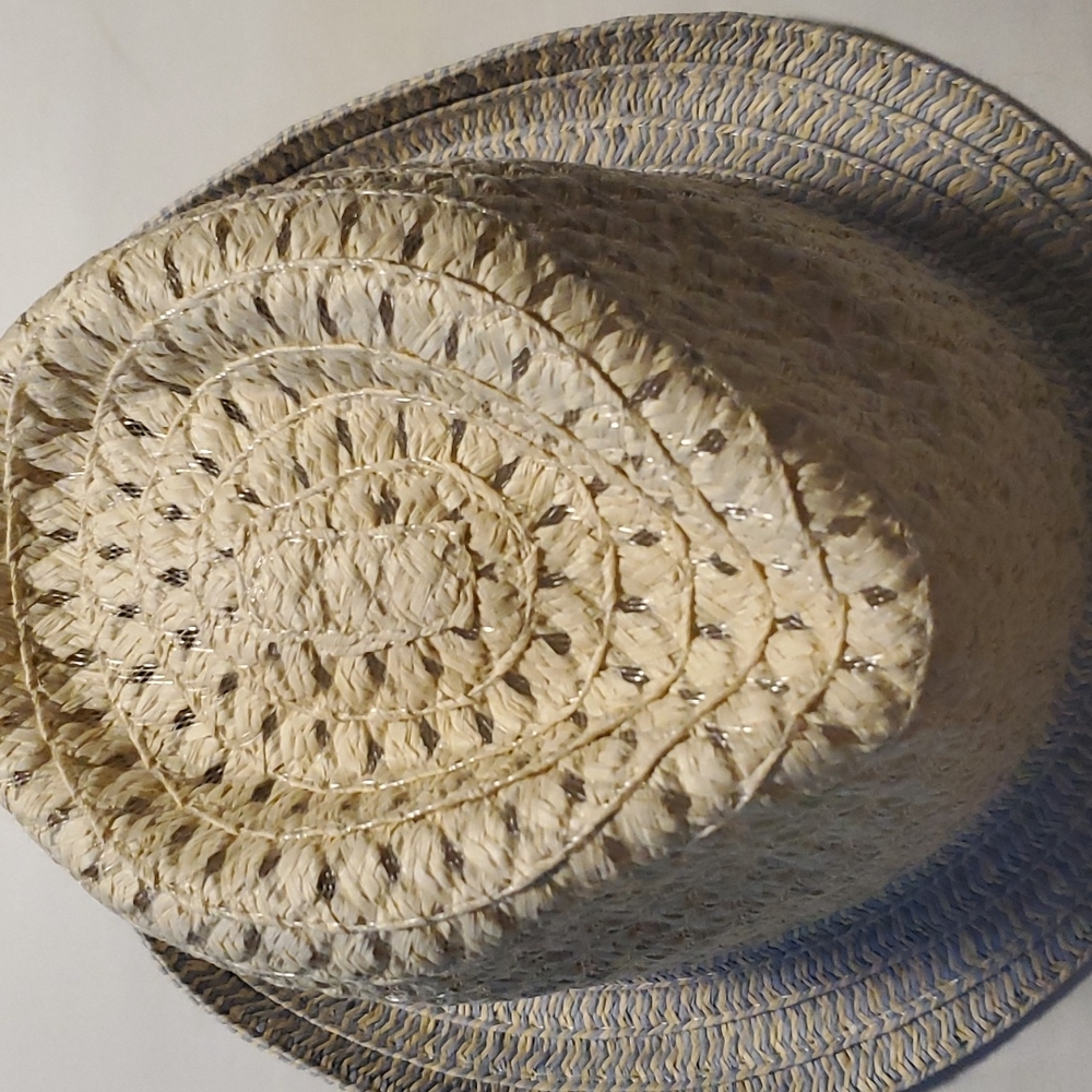 Blue tan ribbon fadora woven kids hat